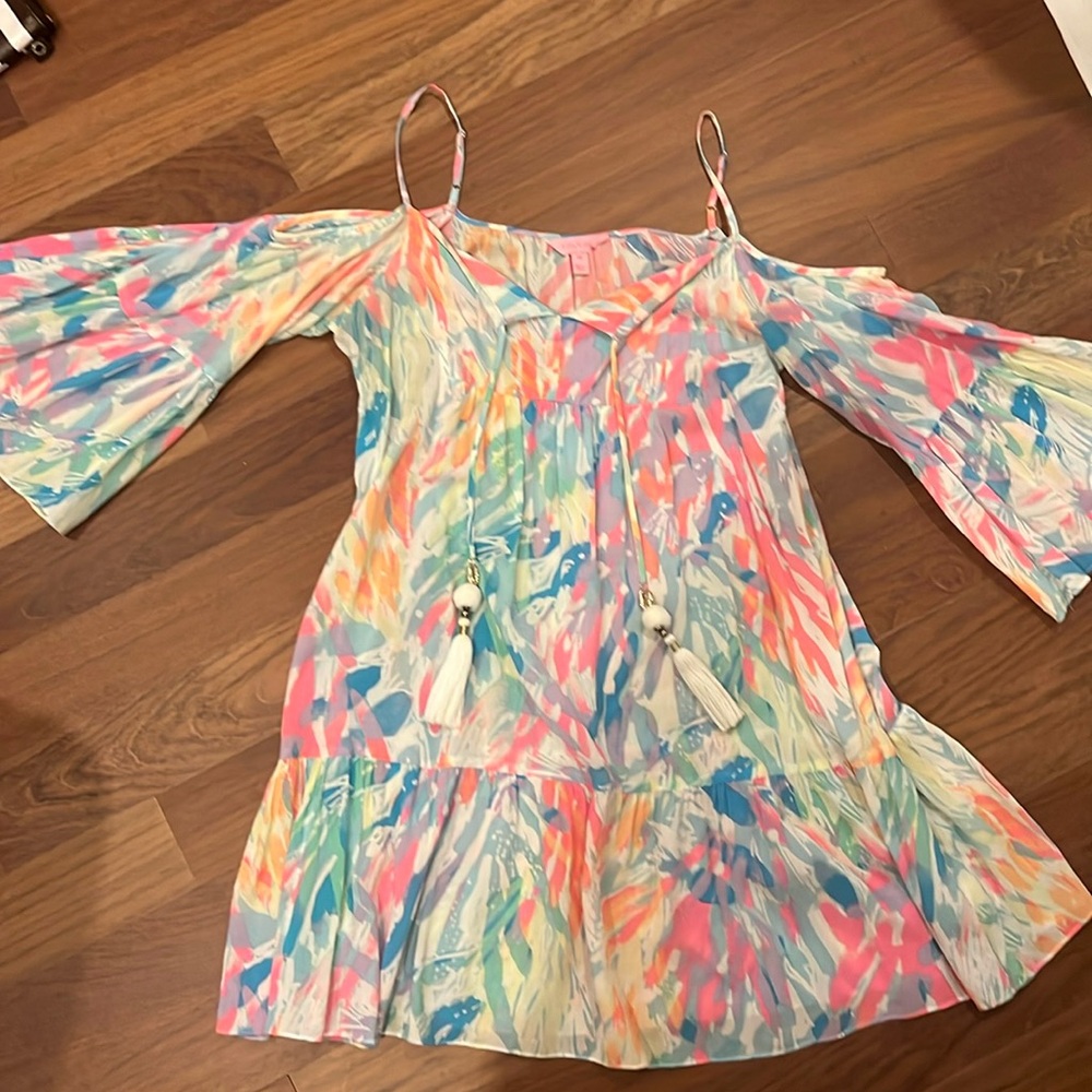 Lilly Pulitzer Alanna Cold Off Shoulder Dress Sparkling Sands Tassels Sz XS